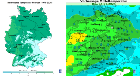Vergleich der Mitteltemperatur; links: Normwerte für Februar (Referenzperiode 1971-2000), rechts: Prognose für Do., 15.02.2024 (Quelle DWD)