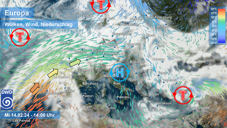 Großwetterlage am 14.2., Wolken, Niederschlag und Strömungen (Quelle DWD)