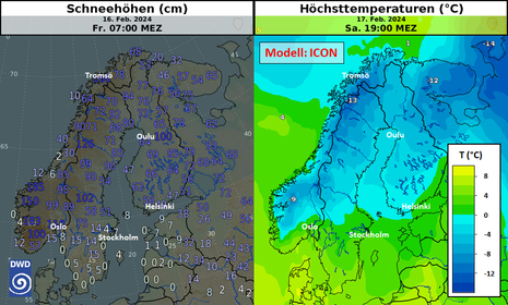 Schneehöhen in Skandinavien heute Morgen (links) und erwartete Höchstwerte für den morgigen Samstag (rechts)