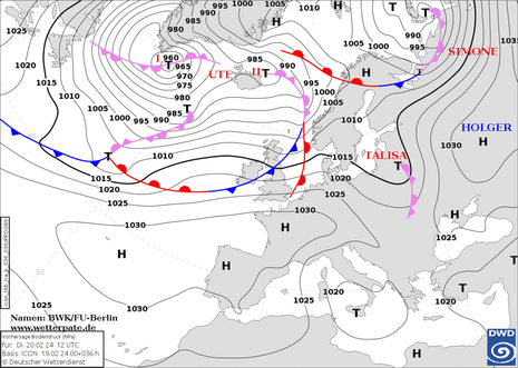 Vorhersagekarte für die Druckverteilung und die Lage der Frontensysteme am Dienstag, den 20.02.2024 um 12 UTC
