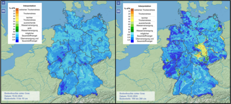 Die Grafik zeigt den Zustand der Bodenfeuchte in Deutschland. Links sind die oberen 10 cm dargestellt, rechts der Zustand zwischen 190 und 200 cm Tiefe. (Quelle DWD - Deutscher Wetterdienst(Bodenfeuchteviewer))