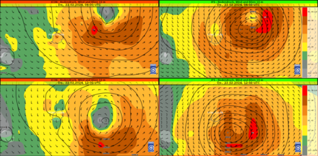 Vergleich Prognose Windböen und Zugbahn ELANOR für 22.02.2024, links: ICON, rechts: IFS, oben: 6 UTC, unten: 12 UTC (Quelle DWD)