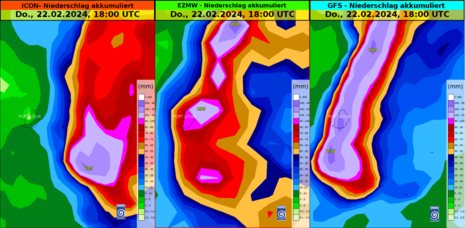 Vergleich der Prognose für akkumulierten Niederschlag bis Do., 22.02.2024 18 UTC