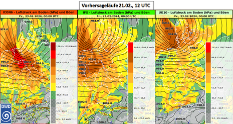 Modellvergleich der Vorhersage für Böen und Luftdruck am Boden für den 23.02.2024, 00 UTC. (Quelle DWD)