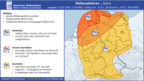 Grafik zur Einschätzung der Sturmlage in der Nacht zum Freitag. (Quelle DWD)