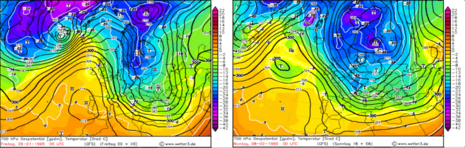 Großwetterlage am 29.01.1999 (links) und 08.02.1999 (rechts) (Quelle Visualisierung: www.wetter3.de, Datengrundlage: CFS)