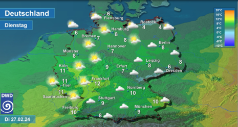 Wettervorhersage sowie Vorhersage der Tageshöchsttemperaturen in Deutschland am Dienstag, den 27.02.2024 (Quelle Deutscher Wetterdienst)