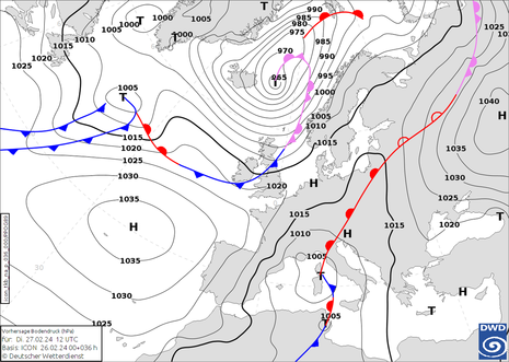 Diese Grafik zeigt die Analysekarte vom Dienstag, 27.02.2024 um 12 UTC. (Quelle DWD)
