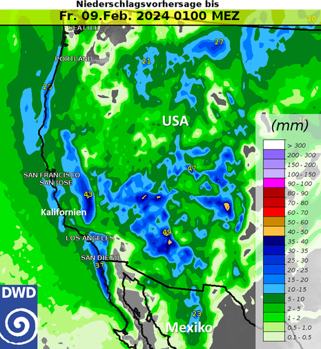 Kartenausschnitt zeigt den Osten der USA sowie das nördliche Mexiko sowie die vorhergesagten Niederschlagsmengen bis Freitag, den 09. Februar.