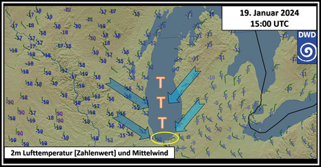 Übersicht von Temperatur und Wind im Umfeld des Michigansees. (Quelle DWD)