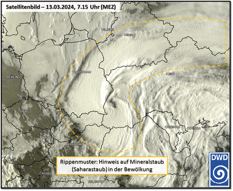 Satellitenbild vom 13.03.2024, 7.15 Uhr mit Wolkenformationen durch Saharastaub. (Quelle DWD - Deutscher Wetterdienst)
