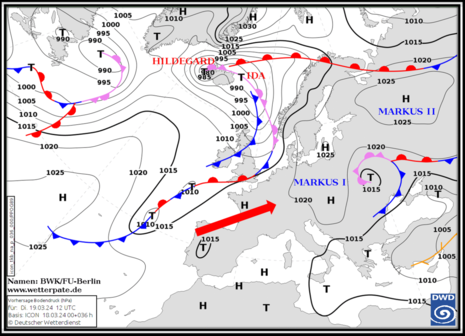 DWD-Vorhersagenkarte für Dienstag (Quelle Deutscher Wetterdienst)