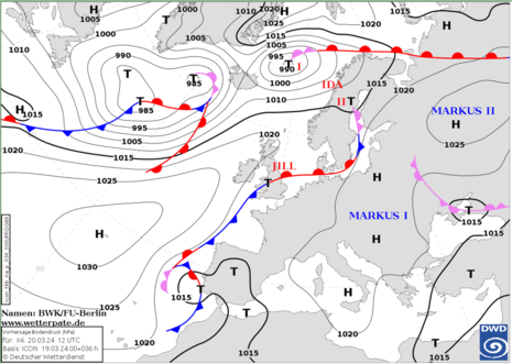 DWD-Vorhersagenkarte für Mittwoch (Quelle Deutscher Wetterdienst)