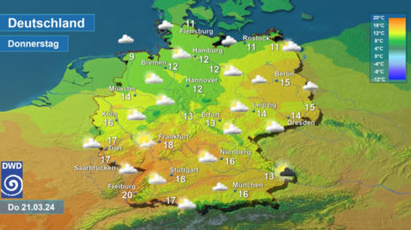 Wettervorhersage sowie Vorhersage der Tageshöchsttemperaturen in Deutschland am Donnerstag, den 21.03.2024