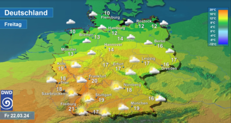Wettervorhersage sowie Vorhersage der Tageshöchsttemperaturen in Deutschland am Freitag, den 22.03.2024