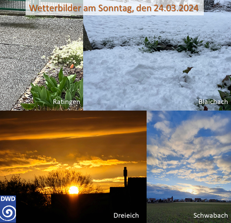 Vier verschiedene Nutzerbilder aus der WarnWetter-App von Sonntagmorgen zeigen Graupelkörner (links oben), Schnee (rechts oben), Sonnenaufgang (links unten) und Sonne-Wolken-Mix (rechts unten). (Quelle Deutscher Wetterdienst)