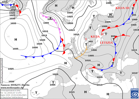 Karte zeigt Vorhersage des Bodendrucks und der Luftmassengrenzen für Sonntagmittag im Ausschnitt Nordatlantik und Mitteleuropa. (Quelle Deutscher Wetterdienst)