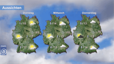 Deutschlandkarten mit Vorhersage in Form von Wettersymbolen und Temperaturen für Dienstag, Mittwoch und Donnerstag. (Quelle Deutscher Wetterdienst)