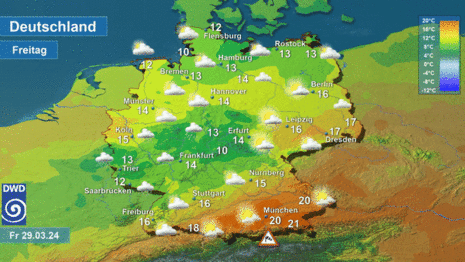 Abb 2: Vorhersagekarte mit Wettersymbolen und Höchstwerten für Karfreitag, den 29.03.2024 (Quelle DWD - Deutscher Wetterdienst)