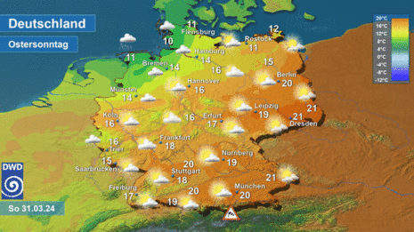 Abb 4: Vorhersagekarte mit Wettersymbolen und Höchstwerten für Ostersonntag, den 31.03.2024 (Quelle DWD - Deutscher Wetterdienst)