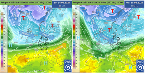 Prognose der Temperatur in 850 hPa (Farbfläche) und des Luftdrucks am Boden (weiße Linien) für den 14.04.2024 (links) und den 15.04.2024 (rechts). (Quelle DWD - Deutscher Wetterdienst)