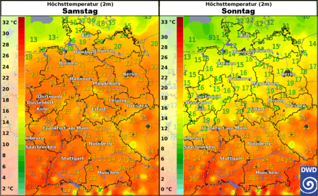 Gemessene Höchstwerte vom vergangenen Samstag und Sonntag (Quelle DWD)