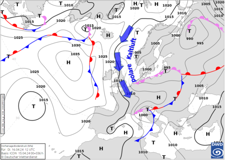 Wetterlage am morgigen Dienstag, 16. April 2024 um 12 UTC (14 Uhr MESZ) (Quelle DWD)