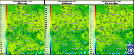 Vorhergesagte Höchstwerte für kommenden Dienstag, Mittwoch und Donnerstag (Quelle DWD)