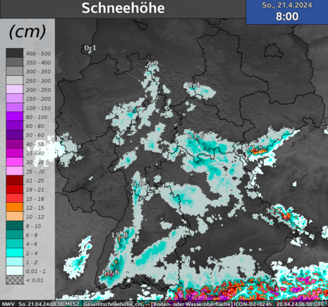 ICON-D2 Simulation: Zu erwartende Schneehöhe am Sonntagmorgen.