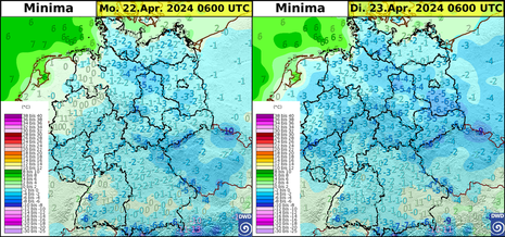 Prognostizierte Tiefstwerte von Montagmorgen (links) und Dienstagmorgen (rechts). Verbreitet leichter bis mäßiger Frost. (Quelle DWD)