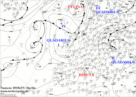 Bodenanalysekarte am Montag, den 22.04.2024, 00 UTC