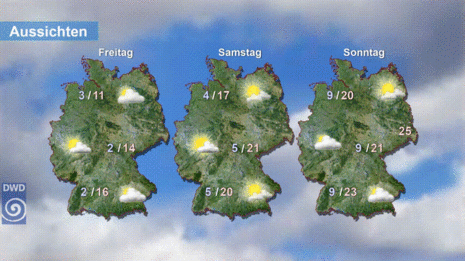 Drei Deutschlandkarten zeigen jeweils die Wettervorhersage für kommenden Freitag, Samstag und Sonntag. (Quelle: DWD) (Quelle DWD)