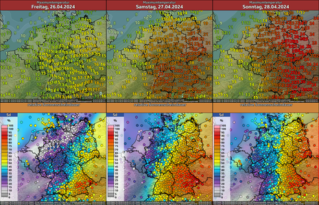 Vorhersage Sonnenscheindauer und Höchstwerte (26.-28.4.) (Quelle DWD)