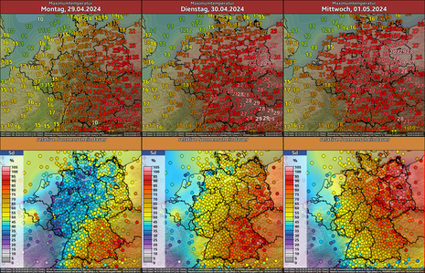 Vorhersage Sonnenscheindauer und Höchstwerte (29.4-1.5.) (Quelle DWD)