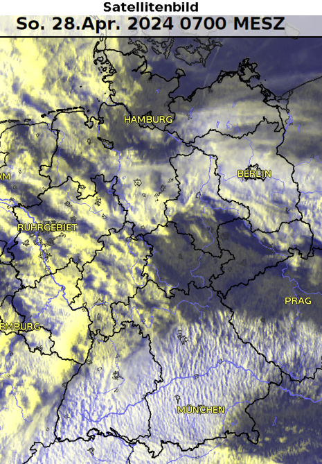 Satellitenbild von Deutschland zeigt über Süddeutschland Wolken mit Rippenmuster, welche den Rückschluss auf Saharastaubeintrag zulassen. (Quelle Deutscher Wetterdienst)