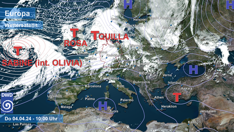 Satellitenbild und Lage der Druckgebilde am Donnerstag, den 04.04.2024 um 10 Uhr MESZ. (Quelle DWD)