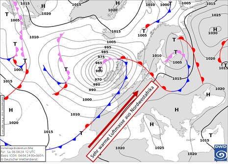 Vorhersagekarte für die Druckverteilung und die Lage der Frontensysteme am Samstag, den 06.04.2024 um 12 UTC. (Quelle DWD)