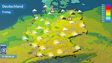 Höchsttemperatur- und Wettervorhersage am Freitag, den 05.04.2024 (Quelle DWD)