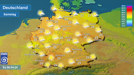 Höchsttemperatur- und Wettervorhersage am Samstag, den 06.04.2024. (Quelle DWD)