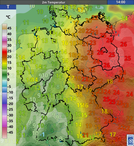 Gemessene Temperaturen am Dienstag, den 09.04.2024 um 14 Uhr MESZ (Quelle DWD)