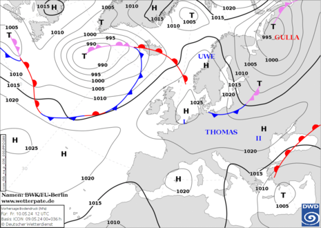 Prognostizierte Wetterlage am Freitag, 10. Mai. Hoch Thomas über der Nordsee dominiert weite Teile Europas. (Quelle DWD)