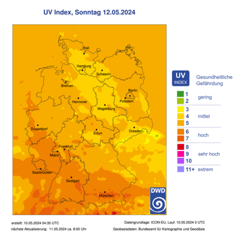 Prognostizierter UV-Index für Sonntag, 12. Mai. Im Süden und Westen hohe bis sehr hohe UV-Gefährdung. (Quelle DWD)
