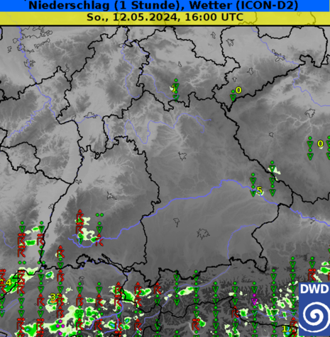 Niederschlag (l/qm/h) und Wetterinterpretation (jeweils ICON-D2) (Quelle DWD)