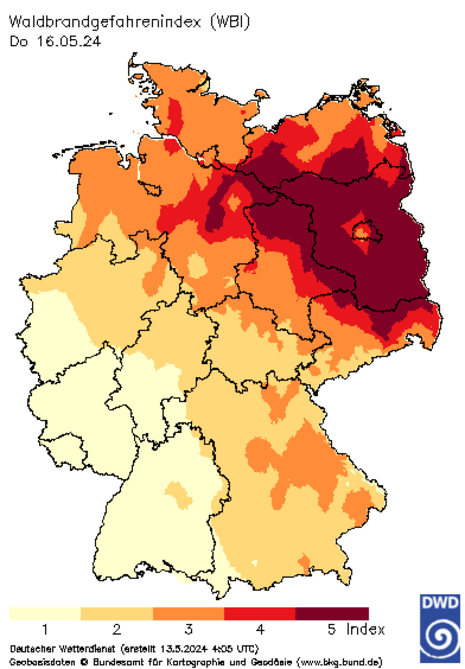 Waldbrandgefahrenindex für den 16.05.2024 (Quelle DWD)