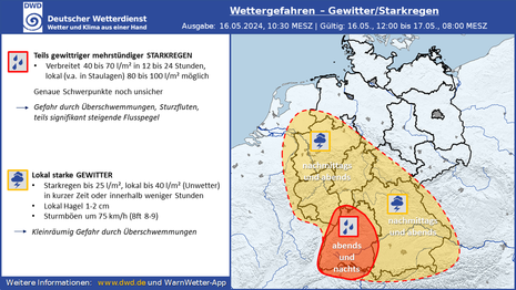Markierte Regionen auf der Deutschlandkarte zeigen Bereiche, in denen Wettergefahren drohen. In der Spalte links findet sich dazu die jeweilige Beschreibung. (Quelle Deutscher Wetterdienst)