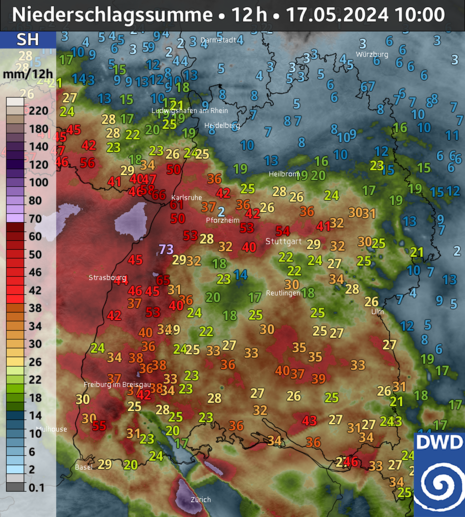 Stationsmeldungen und Radarsummen 12h-Niederschlag in Baden-Württemberg bis 17.05.2024, 10 Uhr. (Quelle DWD)