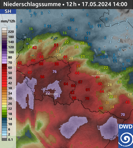 Stationsmeldungen und Radarsummen 12h-Niederschlag in Rheinland-Pfalz und Saarland bis 17.05.2024, 14 Uhr. (Quelle DWD)