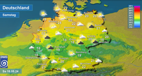 Abb 2: Wettervorhersage sowie Vorhersage der Tageshöchsttemperaturen in Deutschland am Samstag, den 18.05.2024 (Quelle DWD - Deutscher Wetterdienst)