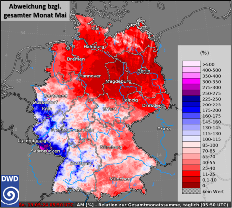 Abb 2: Prozentuale Abweichung des im Mai gefallenen Niederschlags zum vieljährigen Mittel des Monats Mai (Quelle DWD - Deutscher Wetterdienst)
