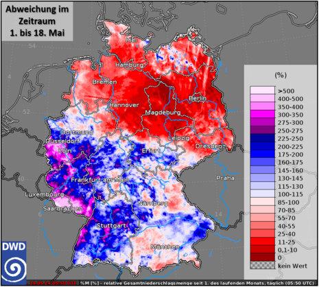 Abb 3: Prozentuale Abw. des im Mai gefallenen Niederschlags zum vielj. Mittel des Zeitraums 1.-18. Mai (Quelle DWD - Deutscher Wetterdienst)